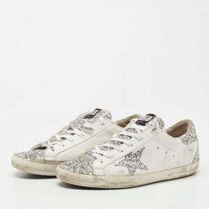 Golden Goose White and Silver Distressed Sneakers